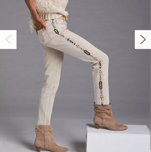 Anthropologie Women's Embroidered Aztec Tribal Tan Vintage Straight Leg Jeans 14